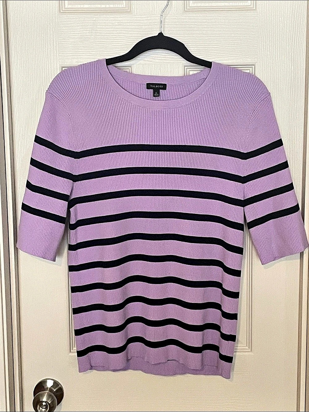 Talbots Elbow Sleeve Ribbed Crewneck Sweater - Stripe Purple & Black XL